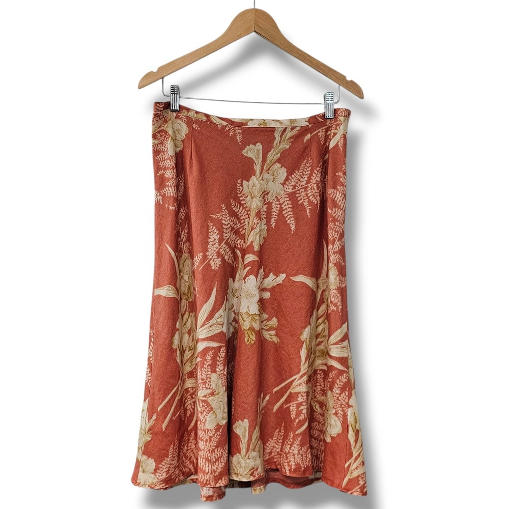 Vtg Liz Claiborne Linen Midi Skirt 16 Burnt Orange Cream Floral Earthy Boho Fall - Picture 2 of 10